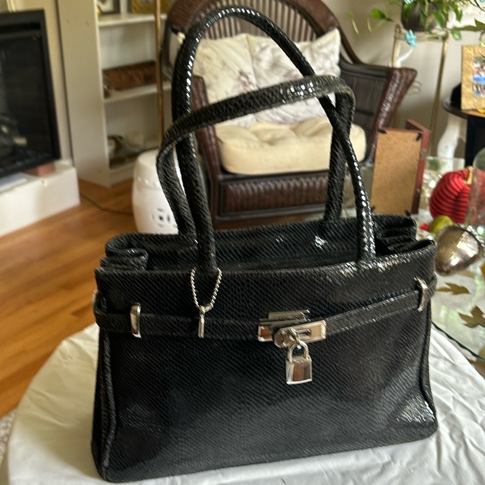 Black Faux Snake Skin Hand Bag